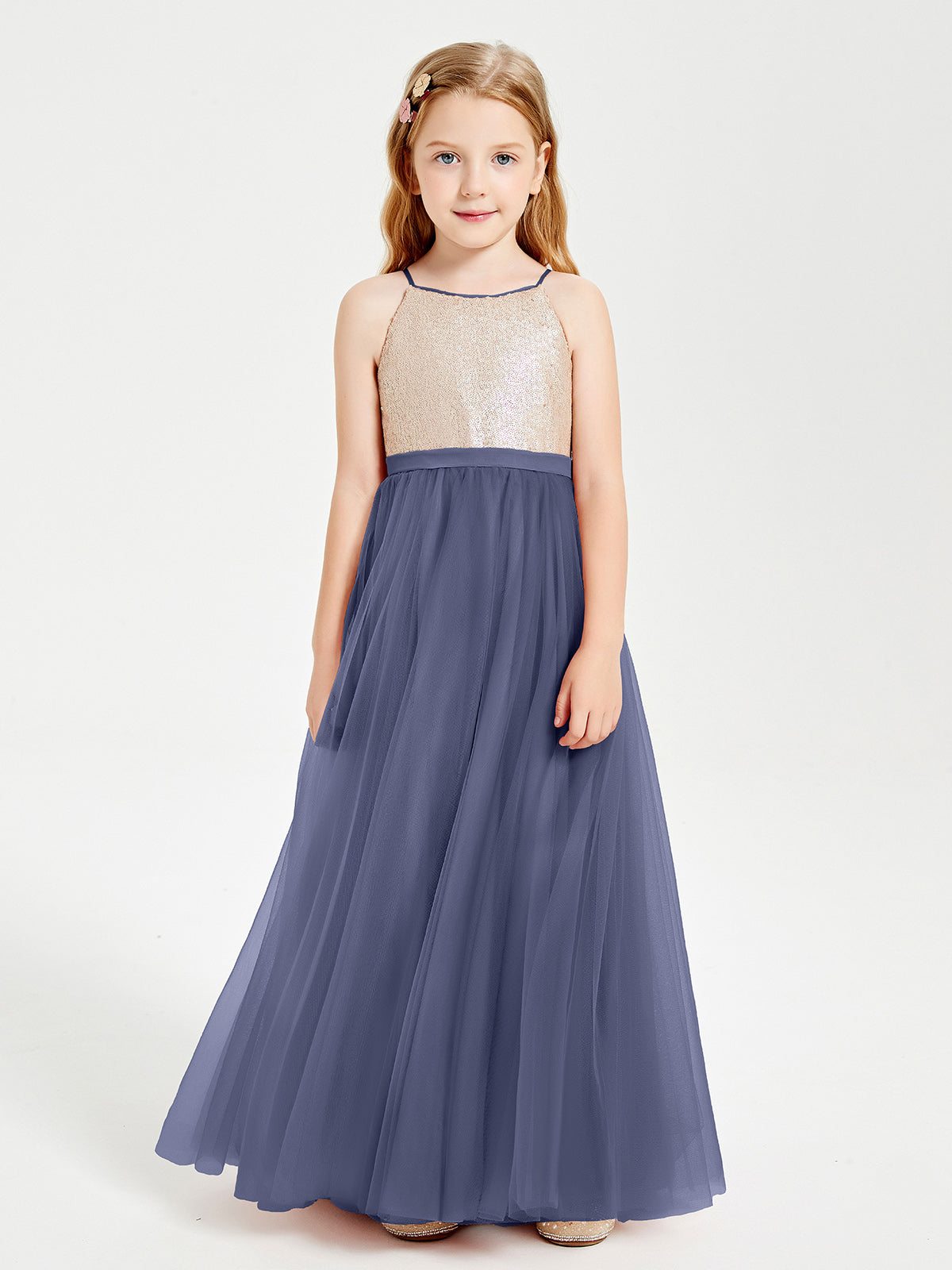 Sequined Top Long Tulle Junior Bridesmaid Gown Stormy